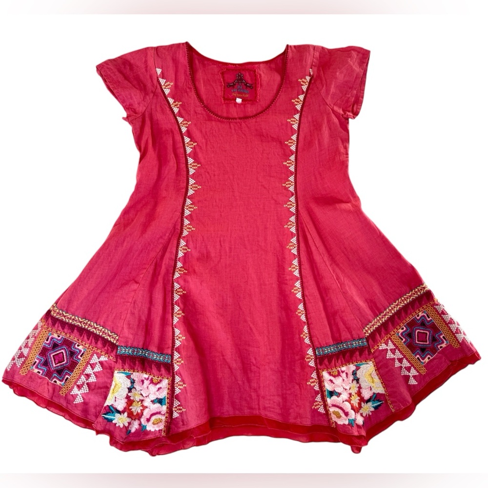 Johnny Was Coral 100% Linen Fit and Flare Embroidered Dress S